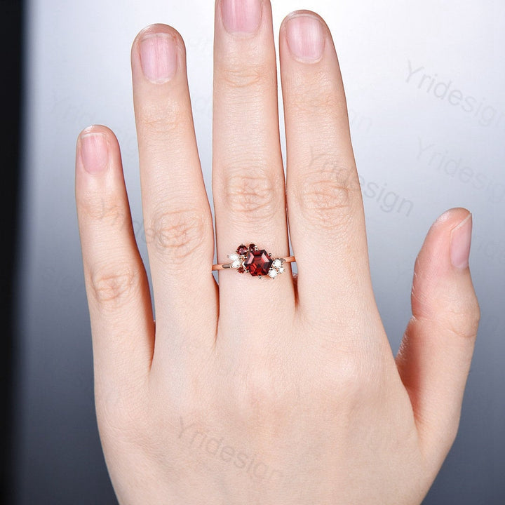 Hexagon cut garnet ring gold silver vintage unique engagement ring culster garnet wedding ring art deco moissanite promise ring for women - PENFINE