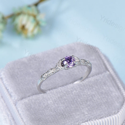 Dainty Amethyst Engagement Ring / Purple Amethyst Promise Ring For Women / Vintage 14k white gold bridal ring February Birthstone bride ring - PENFINE