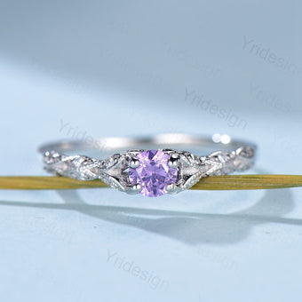 Dainty Amethyst Engagement Ring / Purple Amethyst Promise Ring For Women / Vintage 14k white gold bridal ring February Birthstone bride ring - PENFINE