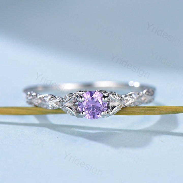 Dainty Amethyst Engagement Ring / Purple Amethyst Promise Ring For Women / Vintage 14k white gold bridal ring February Birthstone bride ring - PENFINE