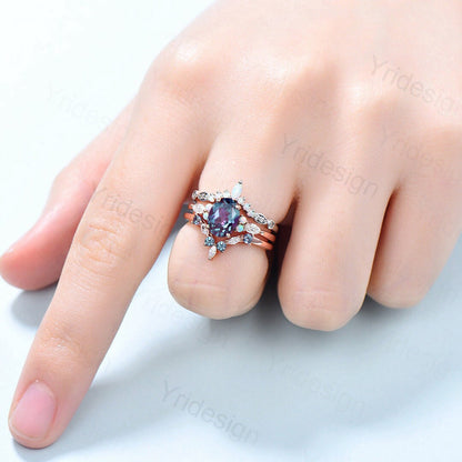 Vintage alexandrite engagement ring set | Unique rose gold wedding set | Art deco opal alexandrite stacking ring | bridal promise ring set - PENFINE