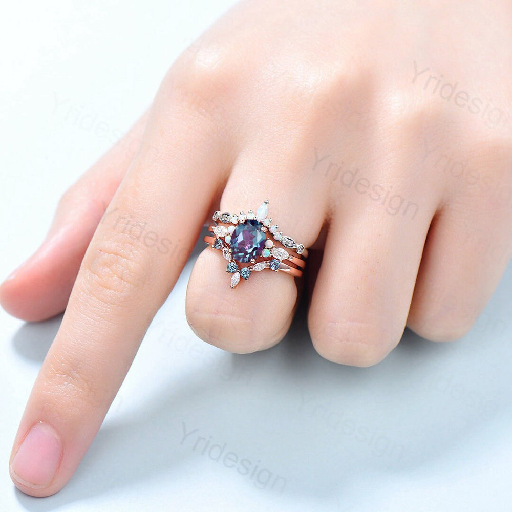 Vintage alexandrite engagement ring set | Unique rose gold wedding set | Art deco opal alexandrite stacking ring | bridal promise ring set - PENFINE