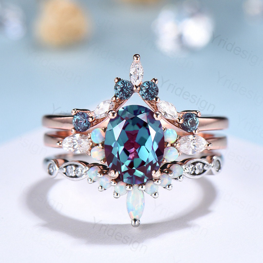 Vintage alexandrite engagement ring set | Unique rose gold wedding set | Art deco opal alexandrite stacking ring | bridal promise ring set - PENFINE