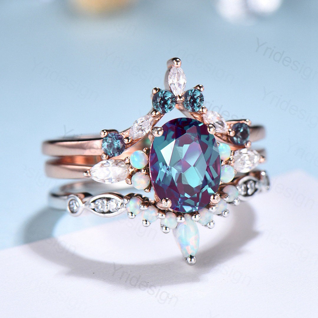 Vintage alexandrite engagement ring set | Unique rose gold wedding set | Art deco opal alexandrite stacking ring | bridal promise ring set - PENFINE