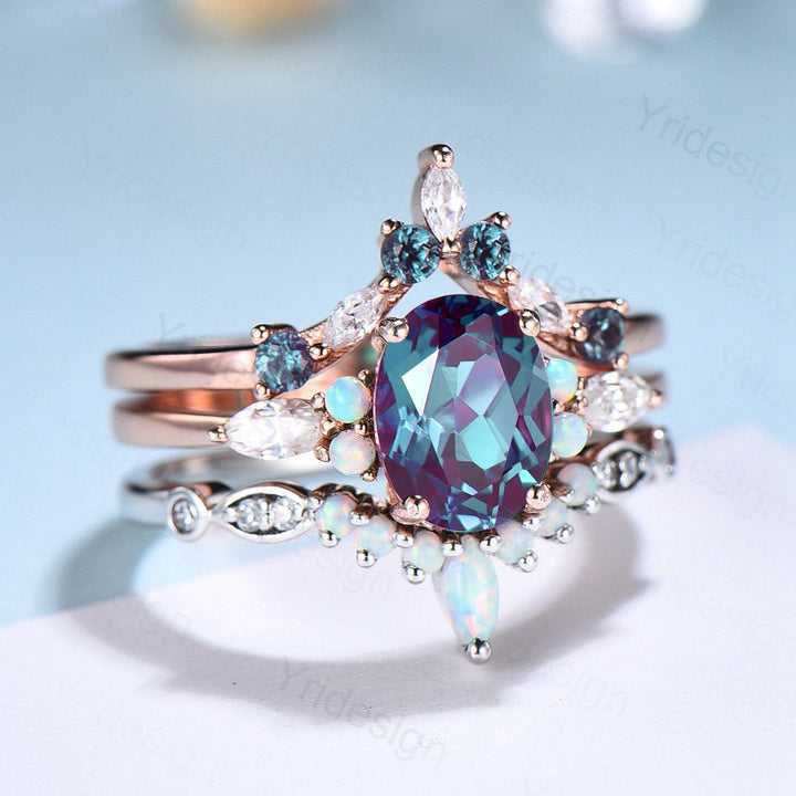 Vintage alexandrite engagement ring set | Unique rose gold wedding set | Art deco opal alexandrite stacking ring | bridal promise ring set - PENFINE