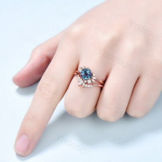 Vintage Alexandrite Engagement Ring Unique Cluster Moissanite Gold Art Deco Wedding Ring For Women Anniversary Ring bridal ring set jewelry - PENFINE