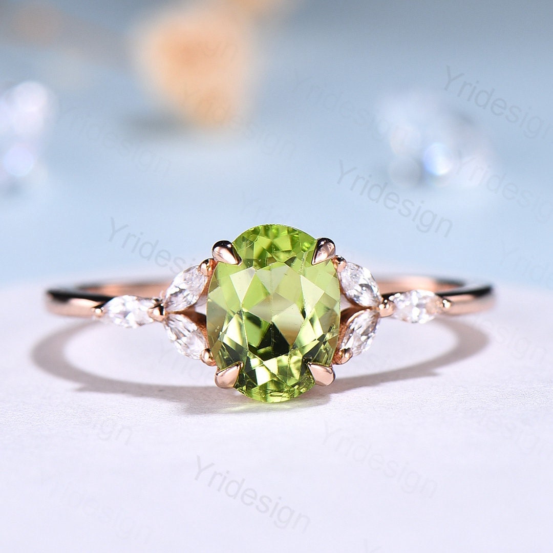 Natural Peridot Engagement Ring / Oval Green Peridot Ring For Women / Vintage Rose Gold Cluster Ring August Birthstone bridal promise ring - PENFINE