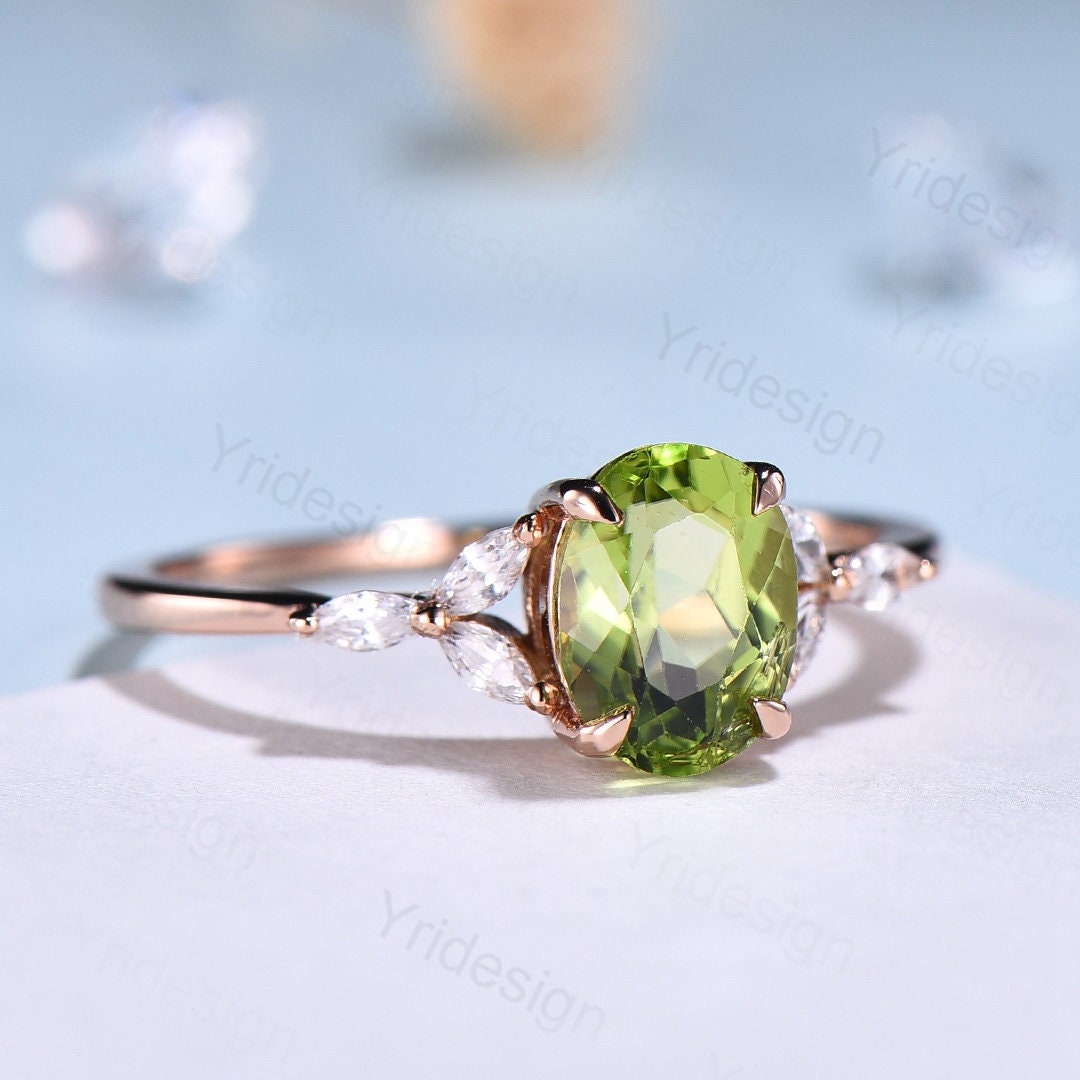 Natural Peridot Engagement Ring / Oval Green Peridot Ring For Women / Vintage Rose Gold Cluster Ring August Birthstone bridal promise ring - PENFINE