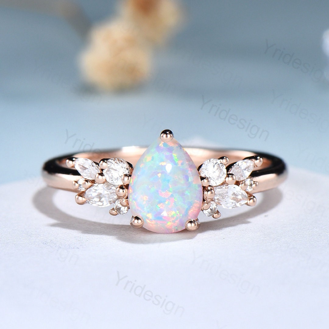 Pear Shaped White Opal Engagement Ring,Sterling Rose Gold Promise Rings Women,Fire Opal Ring with Diamond Simulants, October Birthstone Ring - PENFINE