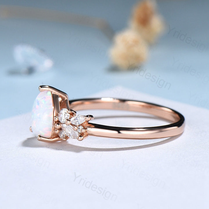 Pear Shaped White Opal Engagement Ring,Sterling Rose Gold Promise Rings Women,Fire Opal Ring with Diamond Simulants, October Birthstone Ring - PENFINE