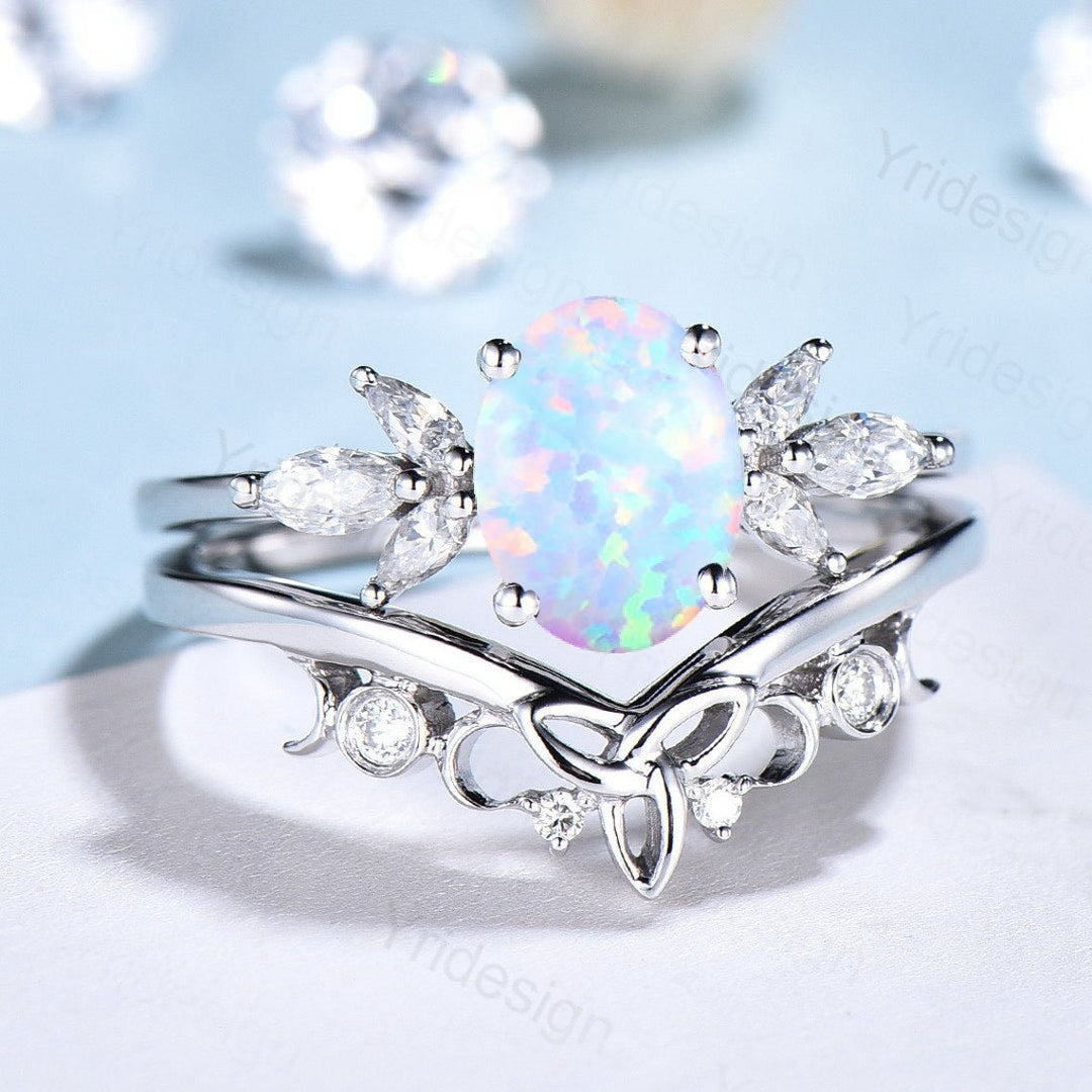 Vintage oval opal engagement ring set white gold art deco fire white opal ring marquise moissanite ring bridal wedding ring set for women - PENFINE