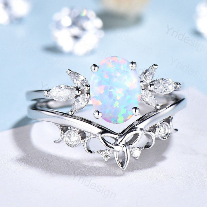 Vintage oval opal engagement ring set white gold art deco fire white opal ring marquise moissanite ring bridal wedding ring set for women - PENFINE