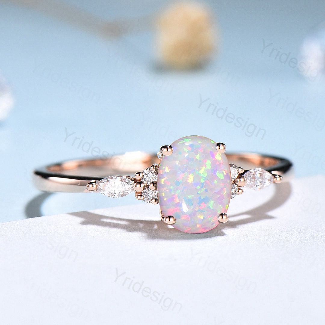 Vintage Opal Engagement Ring Rose Gold Marquise Moissanite Art Deco Cluster Wedding Ring For Women Anniversary Ring Bridal Promise gift - PENFINE