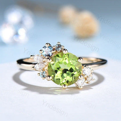 Unique Peridot Engagement Ring Cluster Alexandrite Moissanite Wedding Ring For Women Vintage art deco diamond Anniversary Promise Jewelry - PENFINE