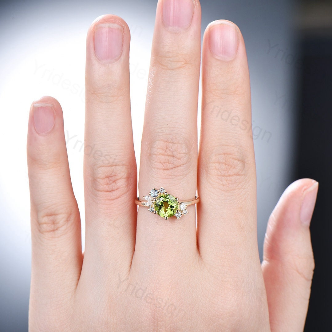 Unique Peridot Engagement Ring Cluster Alexandrite Moissanite Wedding Ring For Women Vintage art deco diamond Anniversary Promise Jewelry - PENFINE