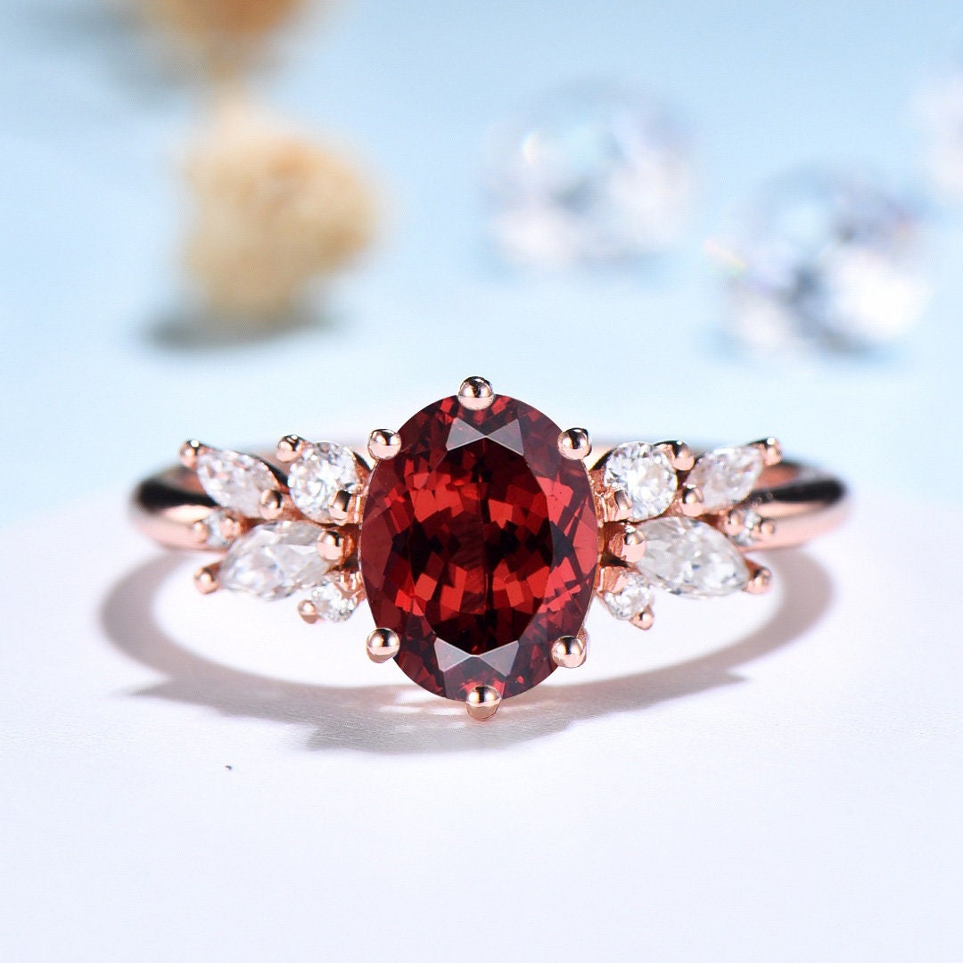 Vintage Style Garnet Ring, Oval Cut Garnet Engagement Ring, Rose Gold ...
