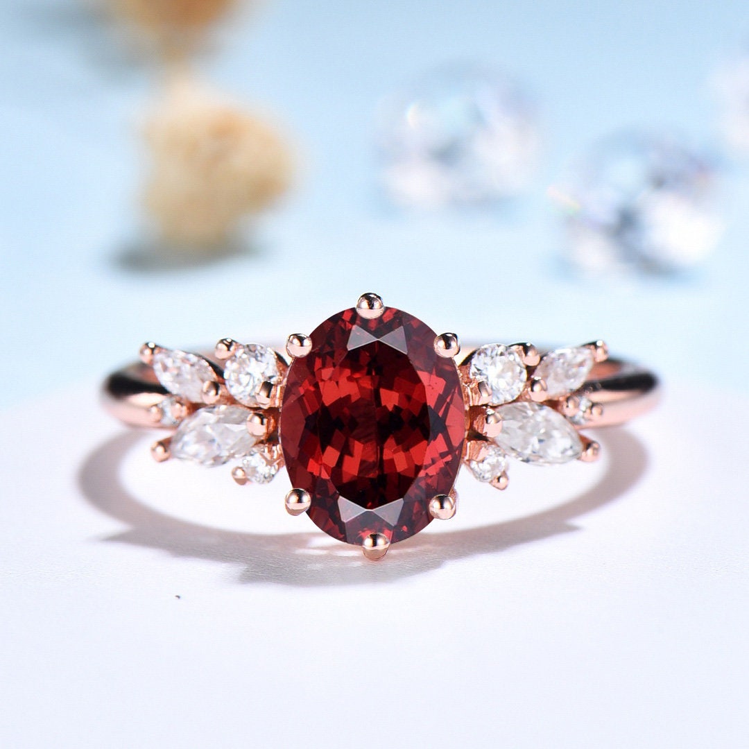 Vintage Style Garnet Ring, Oval Cut Garnet Engagement Ring, Rose Gold Antique Wedding Women's Ring, Art Deco January Birthstone Promise Ring - PENFINE