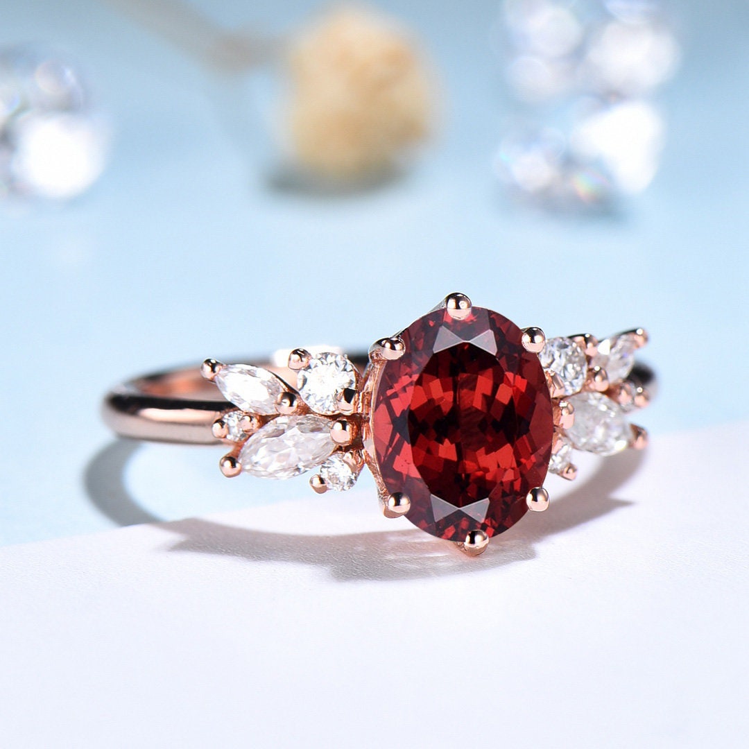 Vintage Style Garnet Ring, Oval Cut Garnet Engagement Ring, Rose Gold Antique Wedding Women's Ring, Art Deco January Birthstone Promise Ring - PENFINE