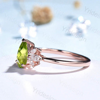 Pear Shaped Peridot Engagement Ring /  Natural Peridot Wedding Ring For Women / Vintage Rose Gold August Birthstone bridal anniversary ring - PENFINE