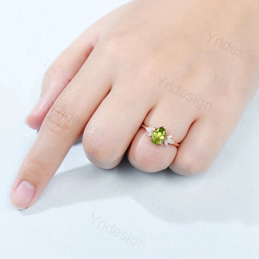 Pear Shaped Peridot Engagement Ring / Natural Peridot Wedding Ring For Women / Vintage Rose Gold August Birthstone bridal anniversary ring - PENFINE