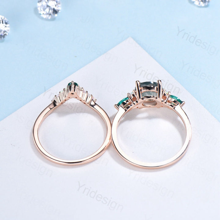 Vintage peridot engagement ring set,green emerald and opal Gold wedding ring set for women,unique art deco bridal promise ring for women - PENFINE