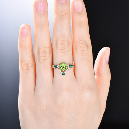 Vintage peridot engagement ring set,green emerald and opal Gold wedding ring set for women,unique art deco bridal promise ring for women - PENFINE