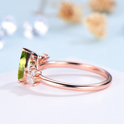 Vintage Style Peridot Ring /  Natural Teardrop Peridot Engagement Ring For Women / Rose Gold August Birthstone Cluster CZ bridal ring gift - PENFINE