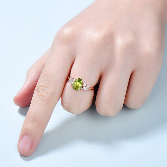 Vintage Style Peridot Ring / Natural Teardrop Peridot Engagement Ring For Women / Rose Gold August Birthstone Cluster CZ bridal ring gift - PENFINE