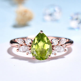 Vintage Style Peridot Ring /  Natural Teardrop Peridot Engagement Ring For Women / Rose Gold August Birthstone Cluster CZ bridal ring gift - PENFINE
