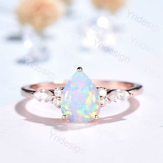 Sale !!! Pear Shaped Opal Ring Rose Gold Unique Cluster Diamond Opal Engagement Ring Teardrop  Bridal Promise Ring Women Anniversary gift - PENFINE