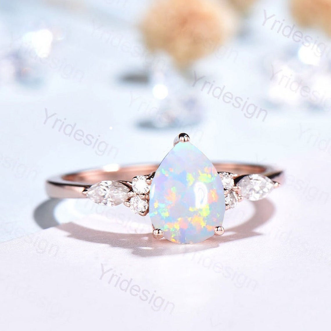 Sale Pear Shaped Opal Ring Rose Gold Unique Cluster Diamond Opal Engagement Ring Teardrop Bridal Promise Ring Women Anniversary gift