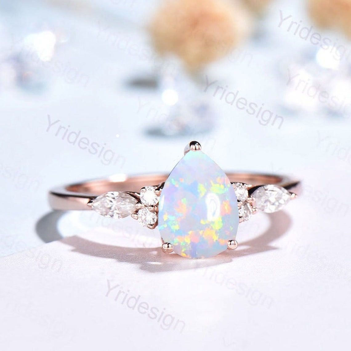 Sale !!! Pear Shaped Opal Ring Rose Gold Unique Cluster Diamond Opal Engagement Ring Teardrop  Bridal Promise Ring Women Anniversary gift - PENFINE