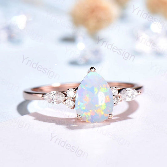 Sale !!! Pear Shaped Opal Ring Rose Gold Unique Cluster Diamond Opal Engagement Ring Teardrop Bridal Promise Ring Women Anniversary gift - PENFINE