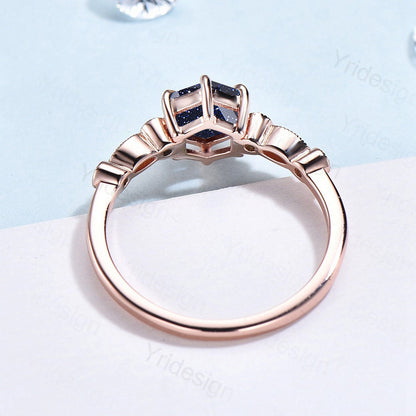 Unique 6 Claw Prongs Blue Sandstone Engagement Ring,Star Blue Hexagon Mystic Stone Bride Ring Women Rose Gold Galaxy Star Blue Promise Ring - PENFINE