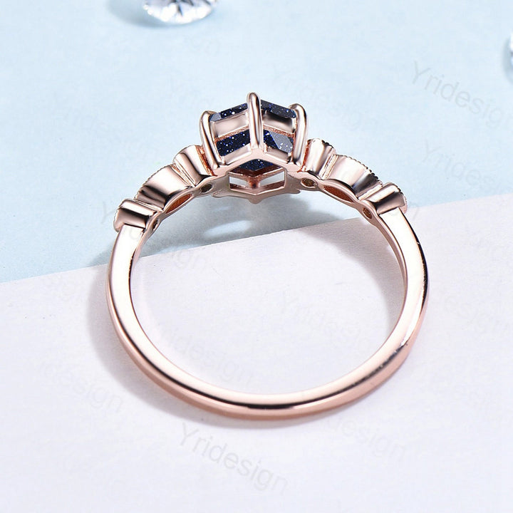 Unique 6 Claw Prongs Blue Sandstone Engagement Ring,Star Blue Hexagon Mystic Stone Bride Ring Women Rose Gold Galaxy Star Blue Promise Ring - PENFINE