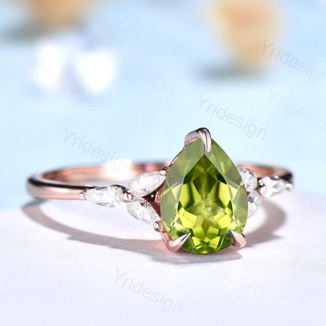 Natural Peridot Engagement Ring / Green Peridot Wedding Ring For Women / Vintage Rose Gold Cluster Ring August Birthstone bride promise ring - PENFINE