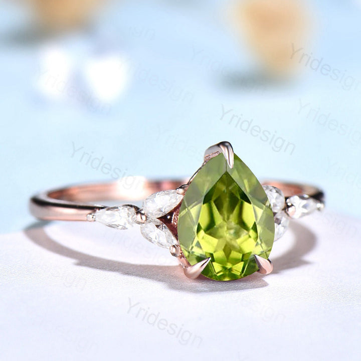 Natural Peridot Engagement Ring / Green Peridot Wedding Ring For Women / Vintage Rose Gold Cluster Ring August Birthstone bride promise ring - PENFINE