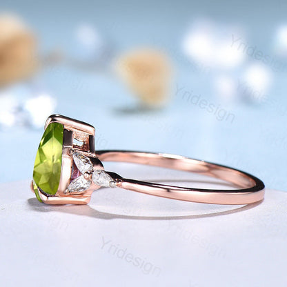 Natural Peridot Engagement Ring / Green Peridot Wedding Ring For Women / Vintage Rose Gold Cluster Ring August Birthstone bride promise ring - PENFINE