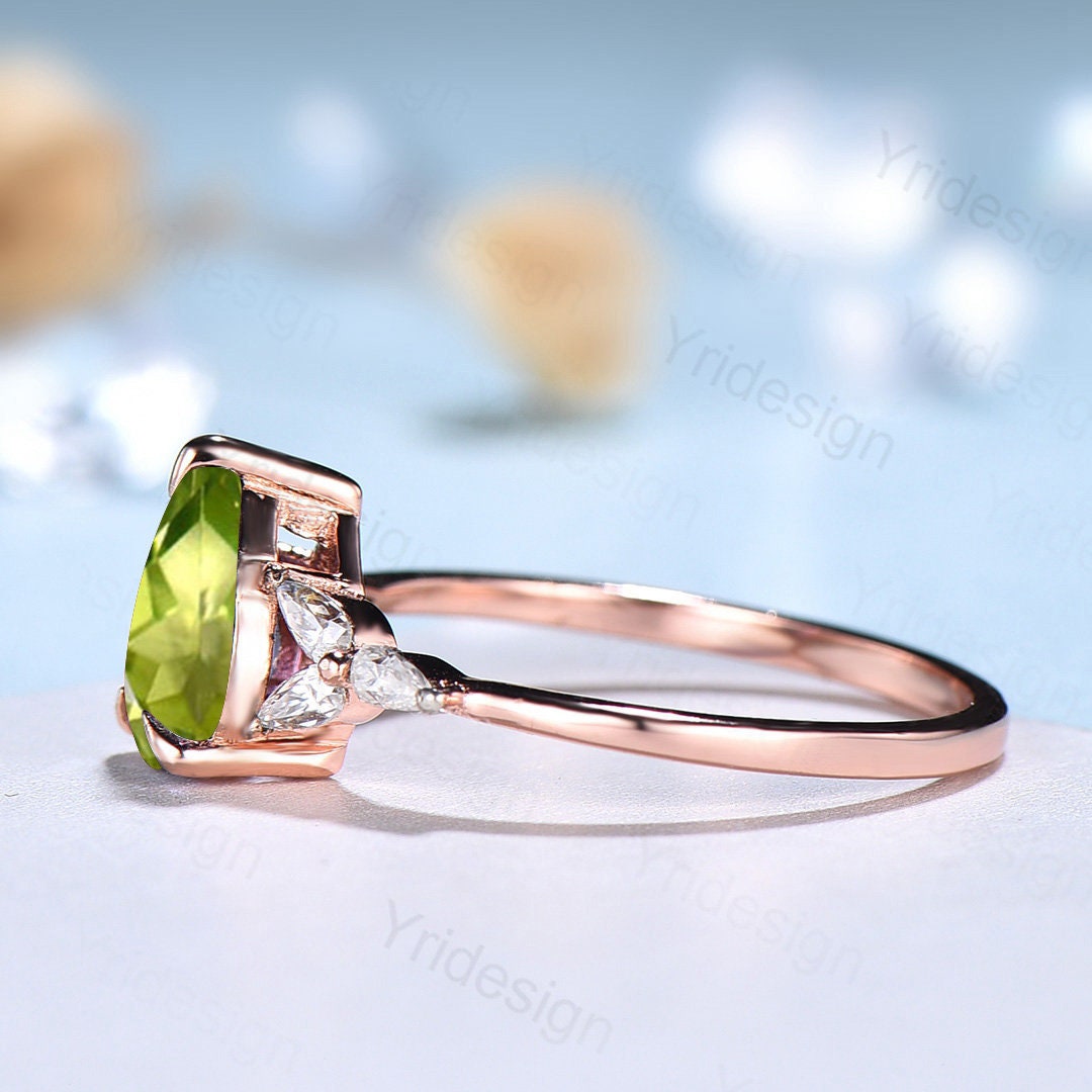 Natural Peridot Engagement Ring / Green Peridot Wedding Ring For Women / Vintage Rose Gold Cluster Ring August Birthstone bride promise ring - PENFINE