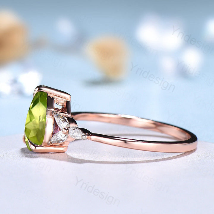 Natural Peridot Engagement Ring / Green Peridot Wedding Ring For Women / Vintage Rose Gold Cluster Ring August Birthstone bride promise ring - PENFINE