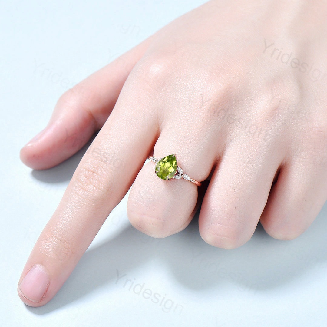 Natural Peridot Engagement Ring / Green Peridot Wedding Ring For Women / Vintage Rose Gold Cluster Ring August Birthstone bride promise ring - PENFINE