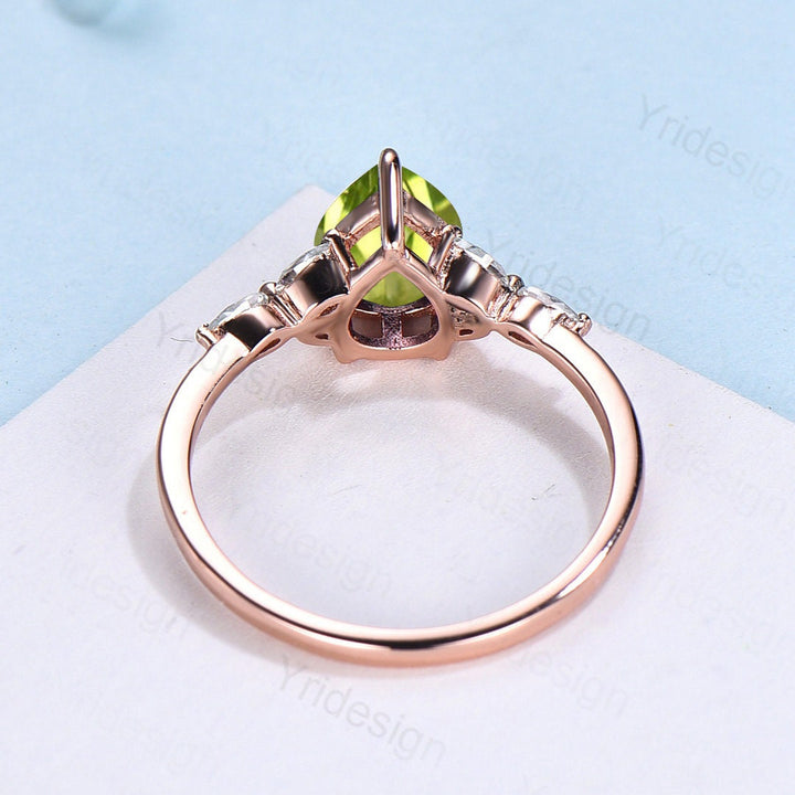 Natural Peridot Engagement Ring / Green Peridot Wedding Ring For Women / Vintage Rose Gold Cluster Ring August Birthstone bride promise ring - PENFINE