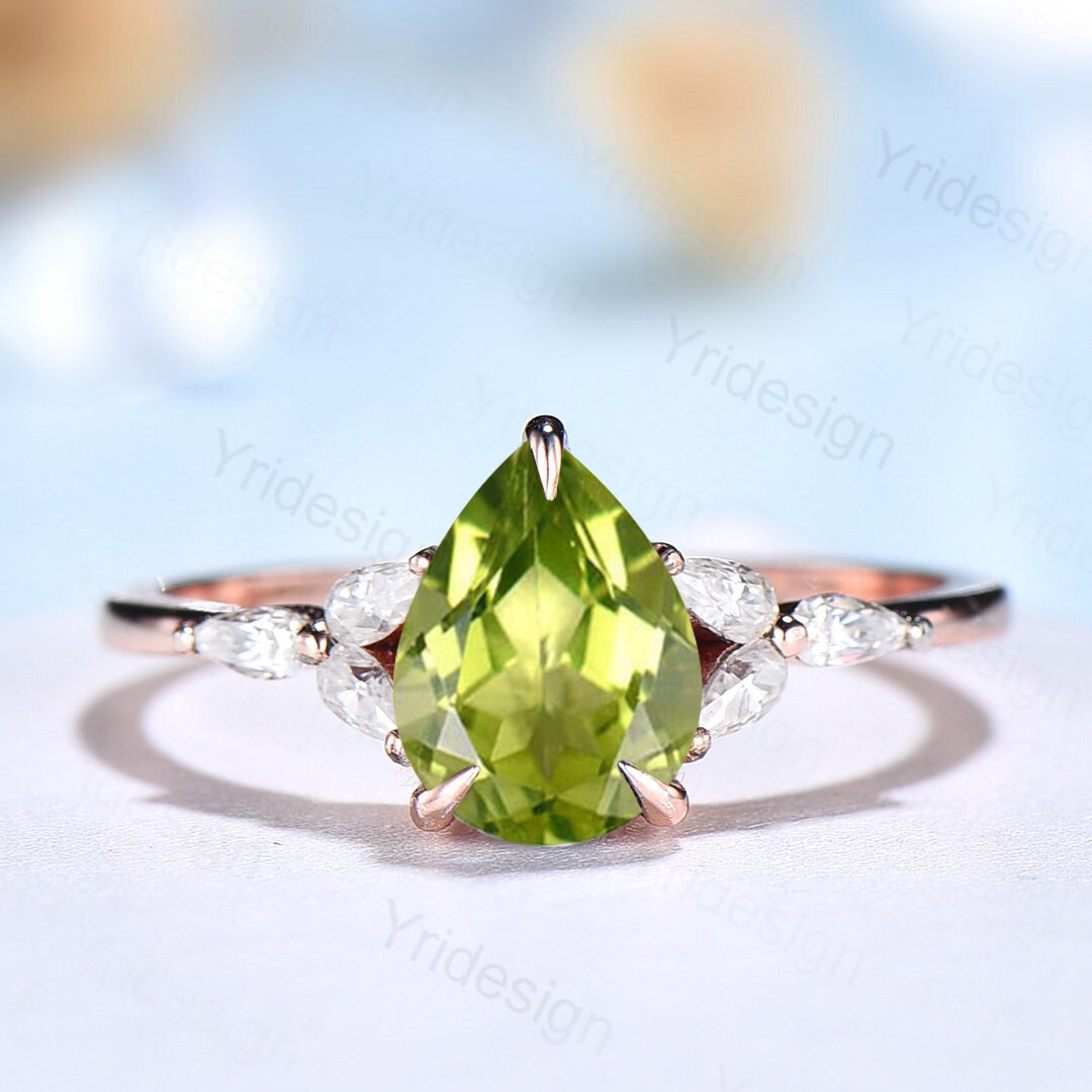 Natural Peridot Engagement Ring / Green Peridot Wedding Ring For Women / Vintage Rose Gold Cluster Ring August Birthstone bride promise ring - PENFINE