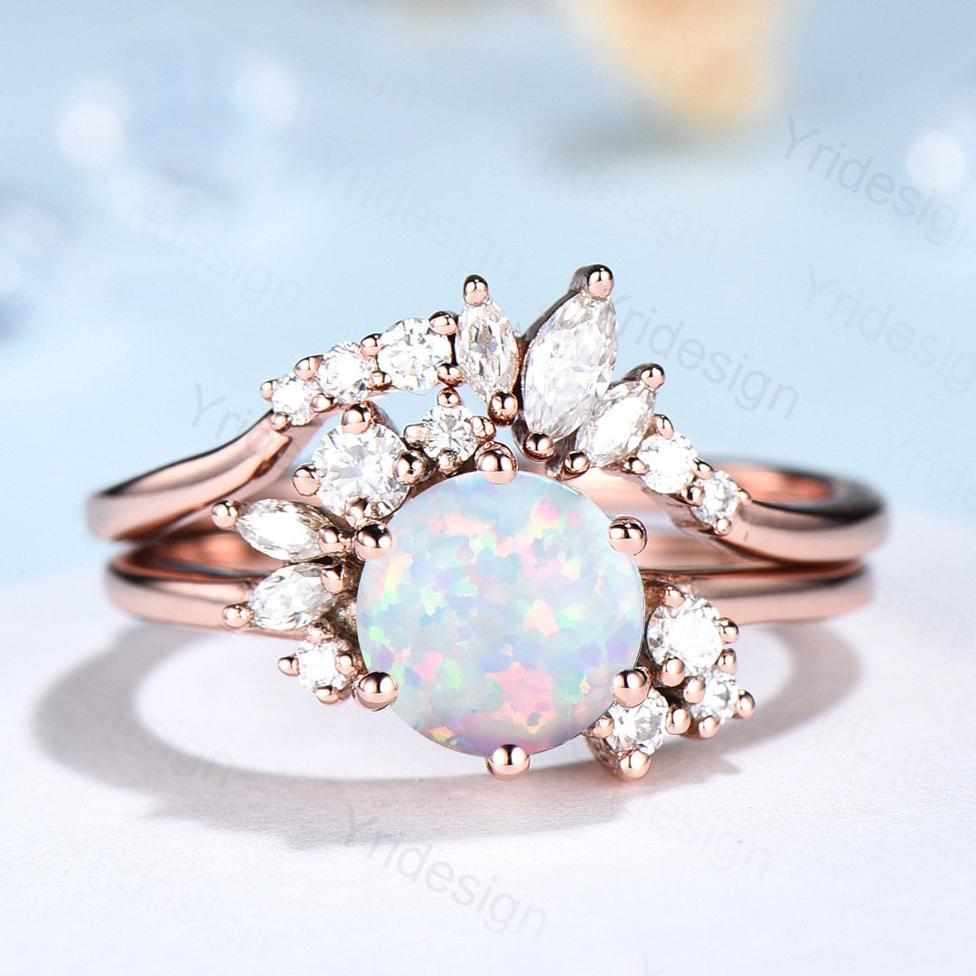 Vintage White Opal Engagement Ring Set Unique Cluster Moissanite Gold Wedding Ring For Women Anniversary Ring  bridal ring set jewelry - PENFINE