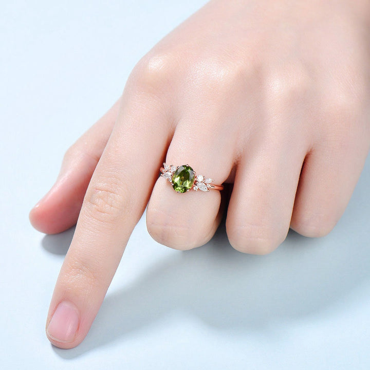 Vintage Peridot Ring, Unique 6x8mm Oval Cut Engagement Ring, Rose Gold Antique Wedding Women's Ring, Art Deco Cluster CZ Promise Bride Ring - PENFINE