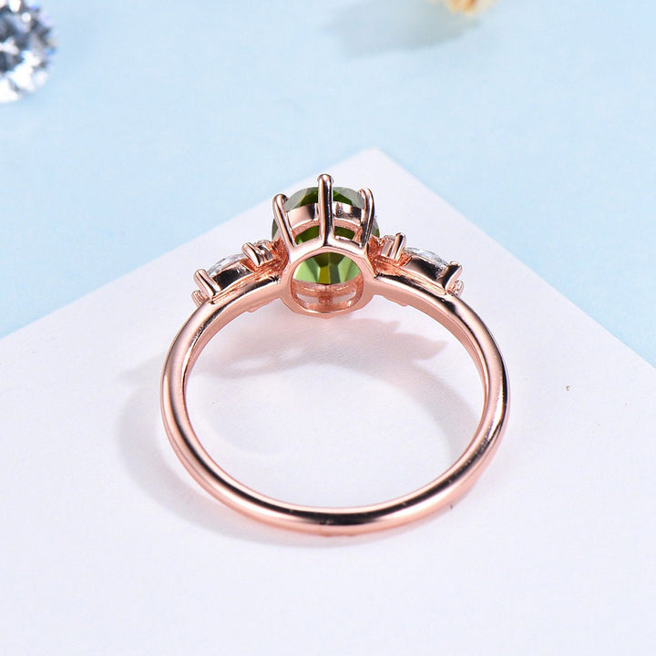 Vintage Peridot Ring, Unique 6x8mm Oval Cut Engagement Ring, Rose Gold Antique Wedding Women's Ring, Art Deco Cluster CZ Promise Bride Ring - PENFINE