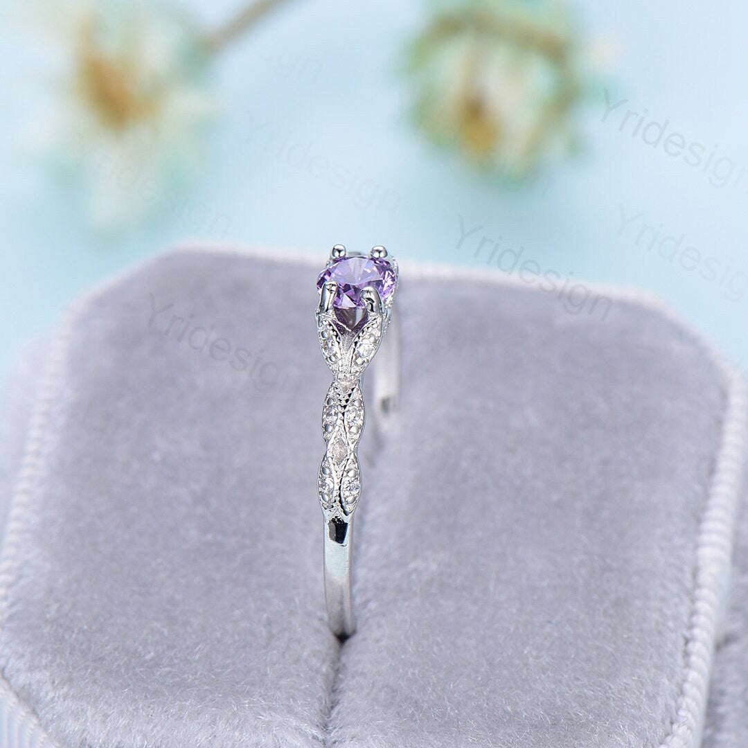 Dainty Amethyst Engagement Ring / Purple Amethyst Promise Ring For Women / Vintage 14k white gold bridal ring February Birthstone bride ring - PENFINE