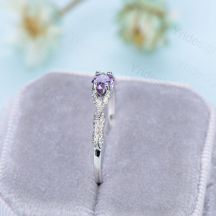 Dainty Amethyst Engagement Ring / Purple Amethyst Promise Ring For Women / Vintage 14k white gold bridal ring February Birthstone bride ring - PENFINE