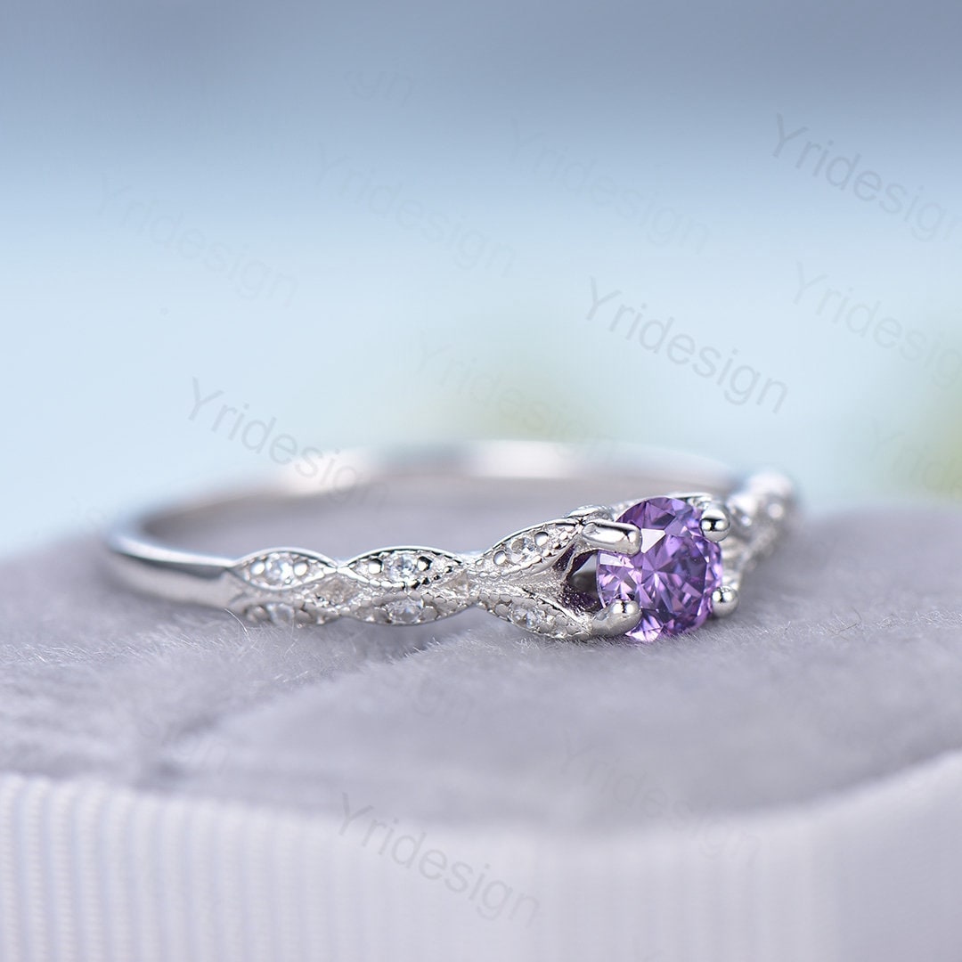 Dainty Amethyst Engagement Ring / Purple Amethyst Promise Ring For Women / Vintage 14k white gold bridal ring February Birthstone bride ring - PENFINE