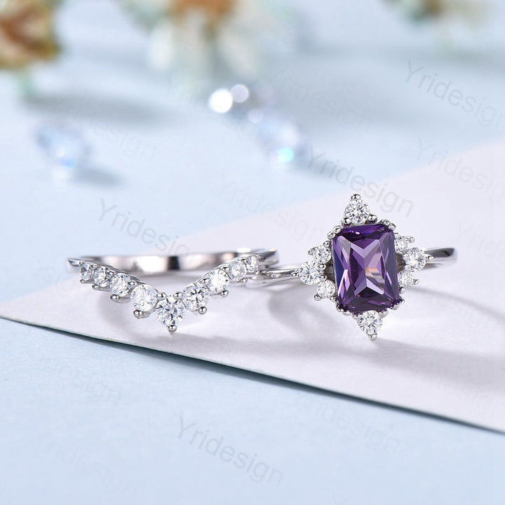 Vintage Emerald Cut Amethyst Engagement Ring Set / Purple Promise Ring Bridal Ring Set For Women / 2Pcs Gold February Birthstone Wedding Set - PENFINE